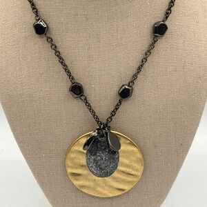 Chico's Pendant Necklace Gold Tone Gunmetal Hammered Statement Artsy Industrial